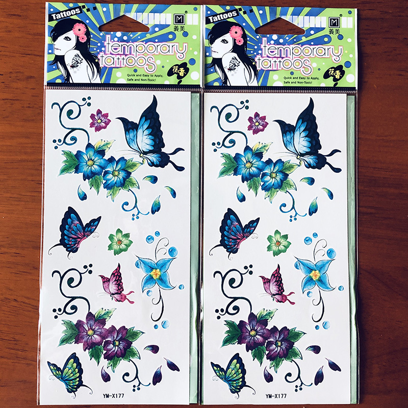 Two Identical Sexy Fake Tattoo Stickers for Arms and Calves, Featuring a Blue Butterfly and Trumpet Pattern, Waterproof and Long-Lasting for Women