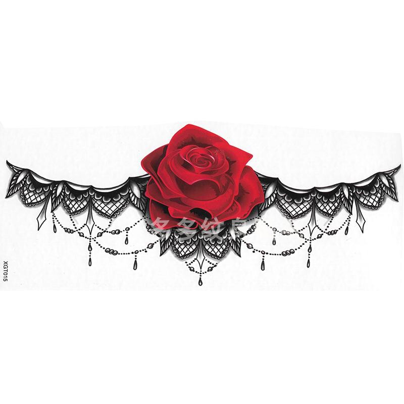 Sexy Flower Fake Tattoo on Waist, Abdomen, and Chest, Long Strip of Black Lace Rose Tattoo Sticker, Waterproof and Long-Lasting for Women