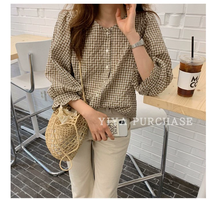 Tại Hàn Quốc Mua sắm Dongdaemun Eri Ghost Horse Girl Retro Kẻ sọc Lantern Lantern Loose Top Áo Nữ - Áo sơ mi dài tay