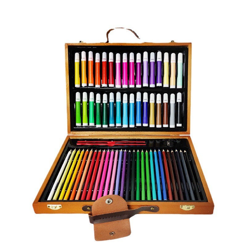 Children's Wooden Box Painting Set Brush Set Gift Stationery 63-piece Art Supplies Back-to-School Watercolor Pen Wholesale
