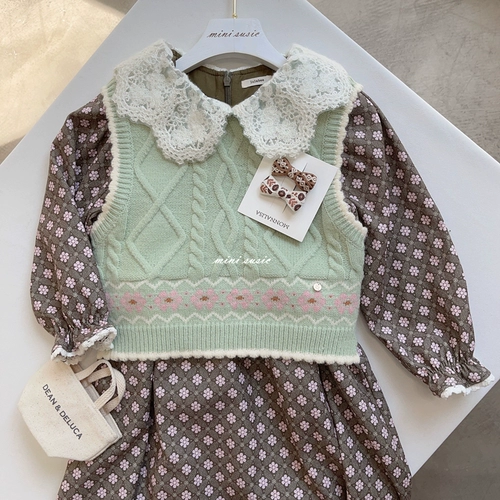 110-150 Корейские девушки в стиле ретро, ​​серо-зеленый вязаный жилет и жилет