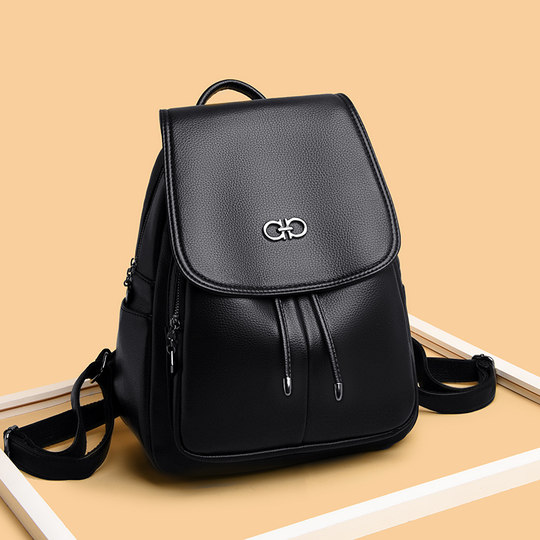 Mochila de mujer de estilo coreano I.Tgreg de Hong Kong, mochila de cuero negro, bolso de viaje de cuero suave versátil informal de gran capacidad