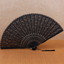 Chinese style black lace fan ancient style folding fan hollow Japanese style women carry classical Hanfu Dance Summer small
