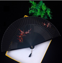 Chinese style hand-painted plum blossom black womens fan Hanfu portable ancient style folding fan Silk small folding Japanese classical