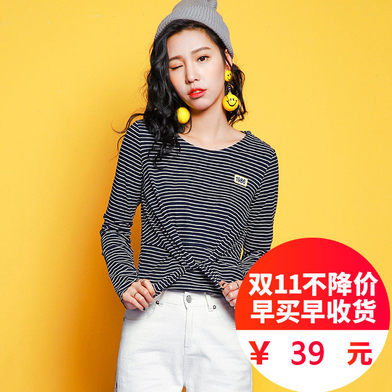 2017春秋装新款复古港味刺绣贴布绑带修身显瘦横条纹短款T恤女