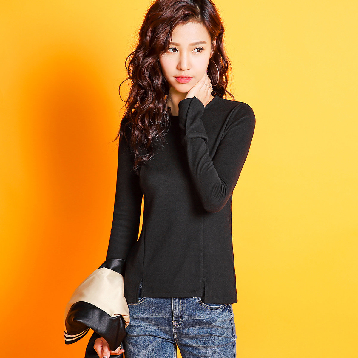 七格格 2017秋装新款 长袖对称开叉基本款弹性T恤 女