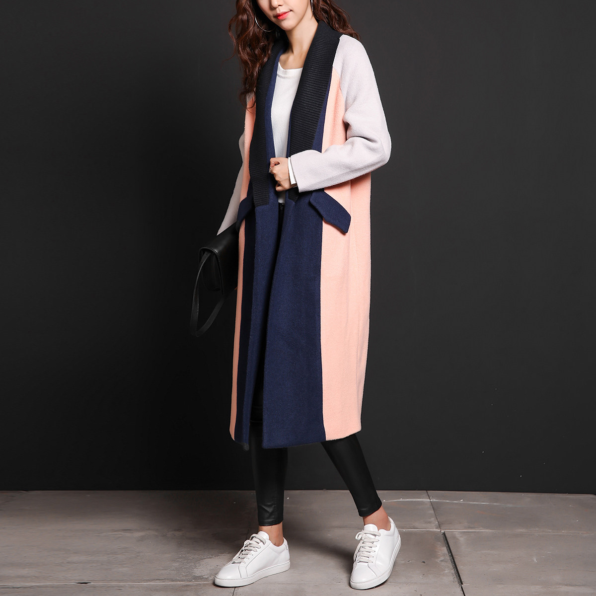 七格格  2016秋冬新款 撞色拼接插肩袖罗纹翻领中长呢大衣外套女