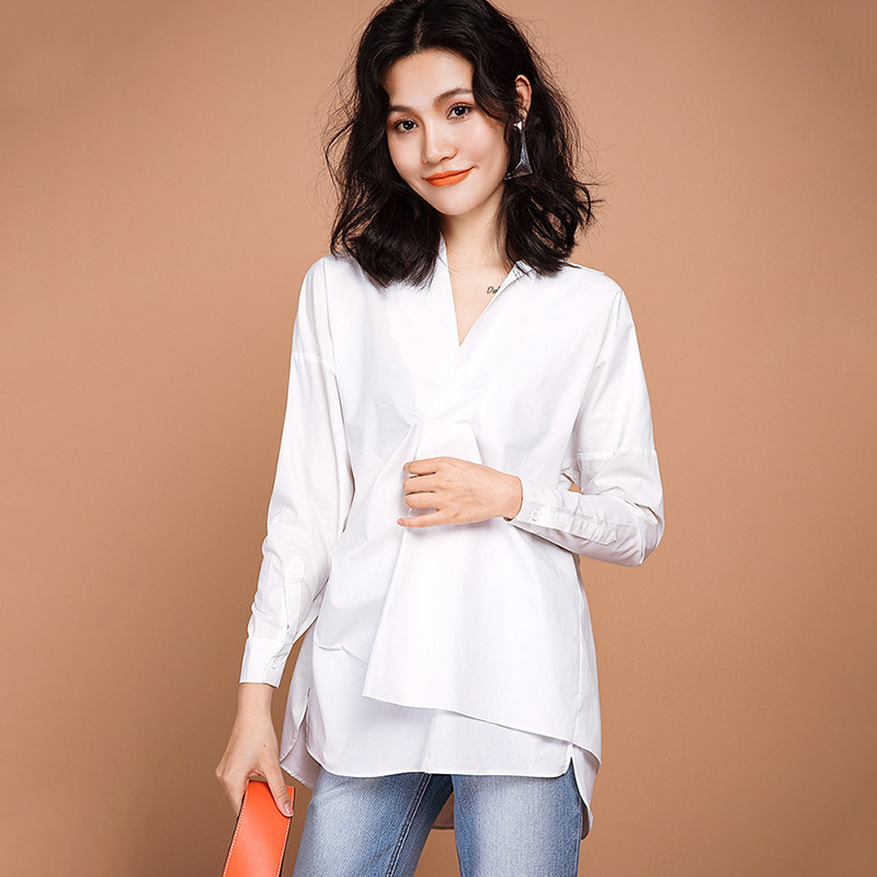 2017春秋装上衣新款小清新不规则裁片V领宽松纯色长袖潮流衬衫女