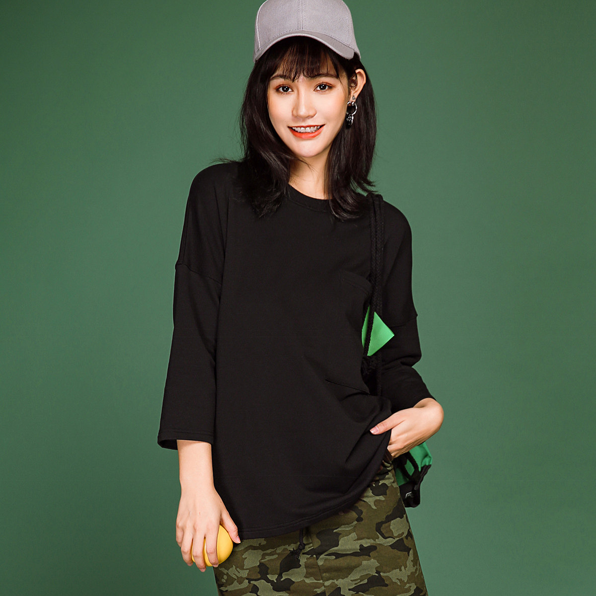 七分袖宽松上衣2017秋装新款韩版时尚圆领百搭中长薄款卫衣女潮bf