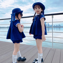 NANI children's clothing 21 summer new girls navy suit cotton knitted short sleeve lapel doll shirt two-piece set