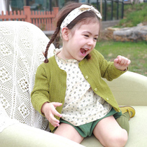 NANI childrens clothing 2021 Spring Summer new girl grass green cardigan printed shirt shorts cotton set hipster