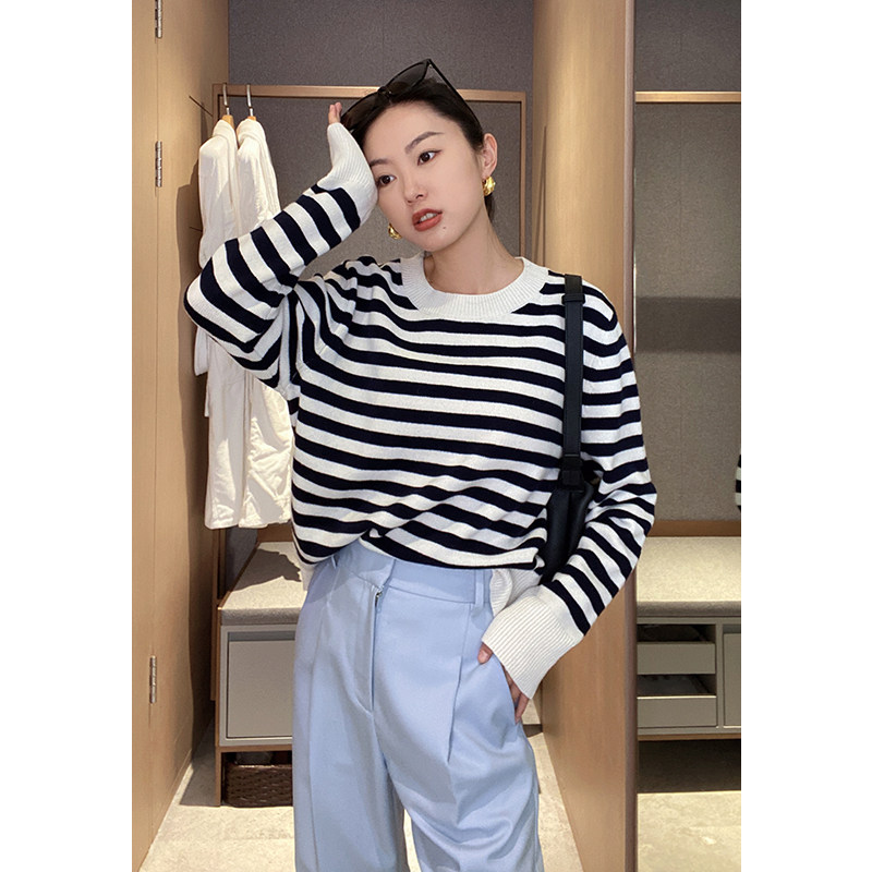 Mud brother's shop navy style black and white striped round neck pullover wool sweater wool sweater women's thin section