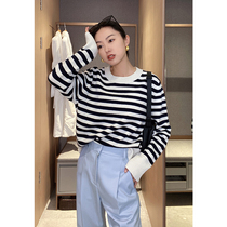 Mud brothers shop navy style black and white striped round neck pullover wool sweater wool sweater womens thin section