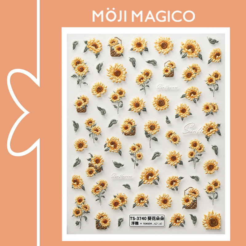 Mojie Sunflower Flower 3D Embossed Nail Art Stickers Waterproof Nail Stickers Decorative Decals Accessories 3739 3740