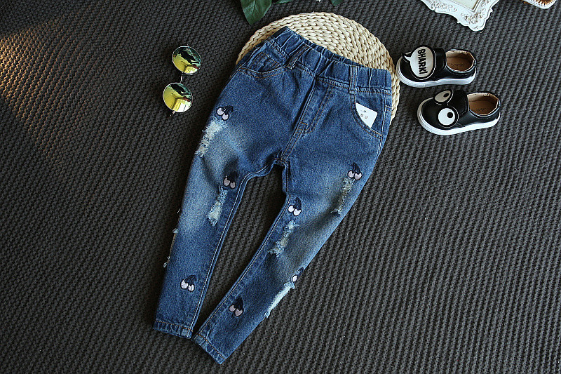 Xuân 2018 mới của các cô gái Hàn Quốc thời trang quần jeans thêu hoa quả dại quần bò đẹp cho bé