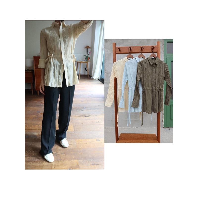 Minimalist Textured Pleated Drawstring Waist Shirt