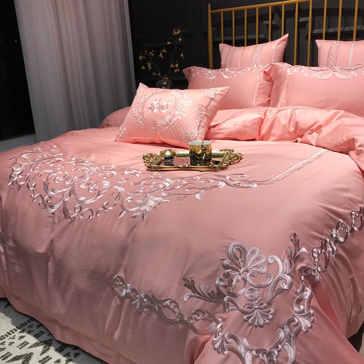 Màu hồng châu Âu bốn mảnh kiểu công chúa 60 satin thêu bông cotton đám cưới phòng cưới giường đôi - Bộ đồ giường bốn mảnh bộ chăn gối nous