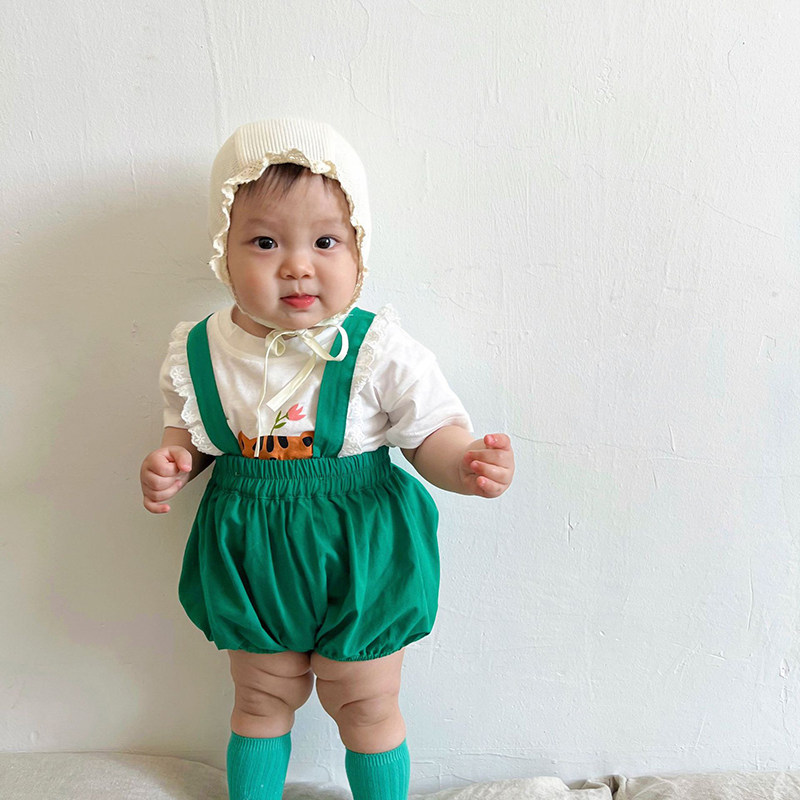 Baby 2022 Summer Newborns Suit Baby Green Korea Cartoon Cuddling Pants Agaric Lace Men And Women Babies