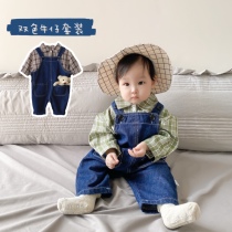Spring and autumn new ins and baby baby baby plaid long sleeve shirt denim suit two sets of climbing conjoined cloths