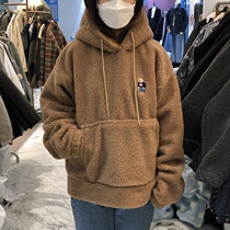 ANAN Dongdaemun Korean mens winter new hooded loose shoulder lamb wool sweater bear embroidery