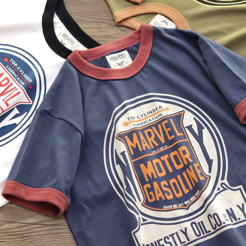 250G double yarn heavy American retro BF ventilated locomotive letter printing T-shirt thick short-sleeved T-shirt men's and women's college