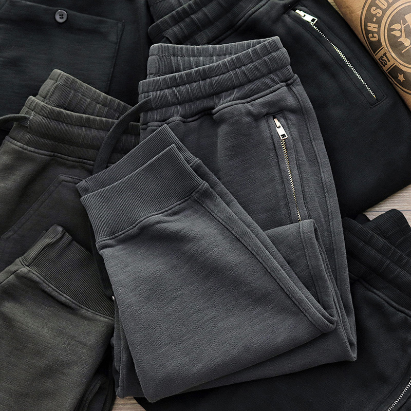 Cotton knitted pants men's American style retro old drawstring autumn and winter plus velvet sweatpants casual closing beam feet pants men