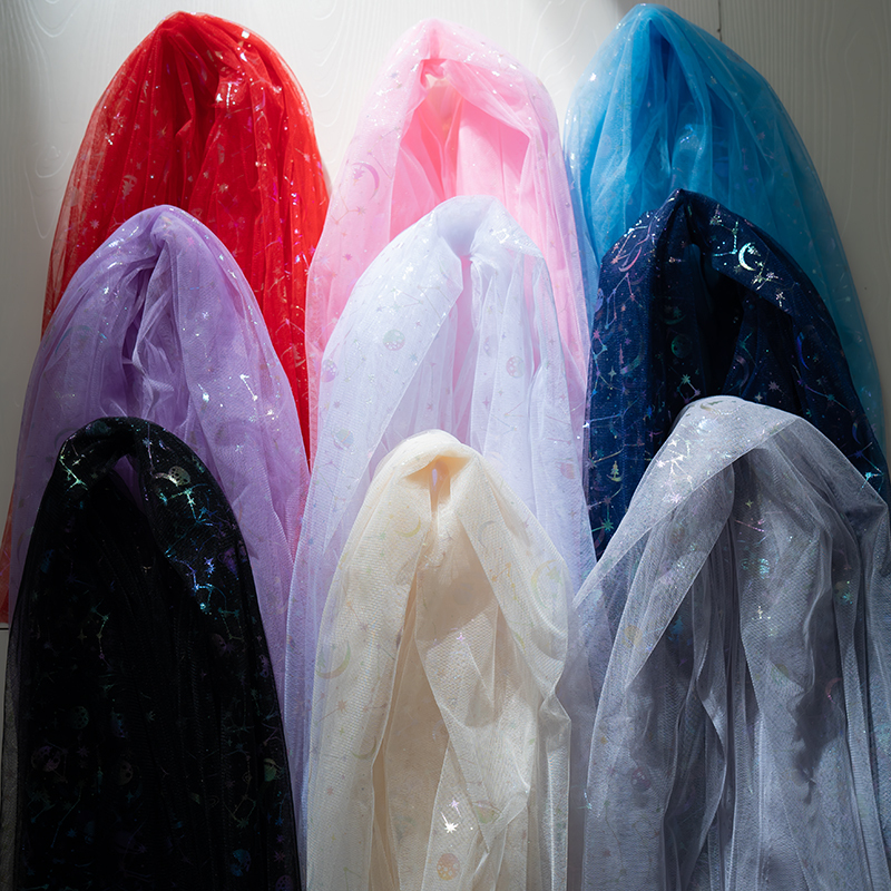 Star Mesh Fabric, Psychedelic Stars and Moon, Thin Soft Fabric, Wedding Dress, Mesh Glitter Dress, Designer Fabric