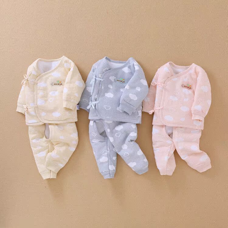 新生婴儿羽绒棉薄款套装0-3月宝宝系带合同套两用裆保暖内衣套装