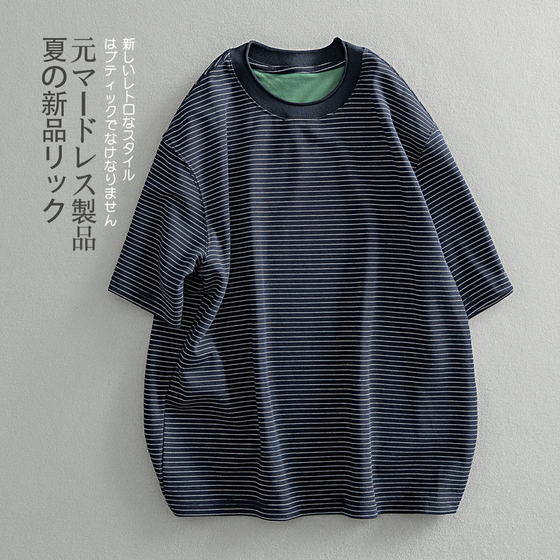 Yuan Gu Color-Block Stripe Design Spring/Summer American High Street Low Saturation Yarn-Dyed Heavyweight Short-Sleeve T-Shirt for Men