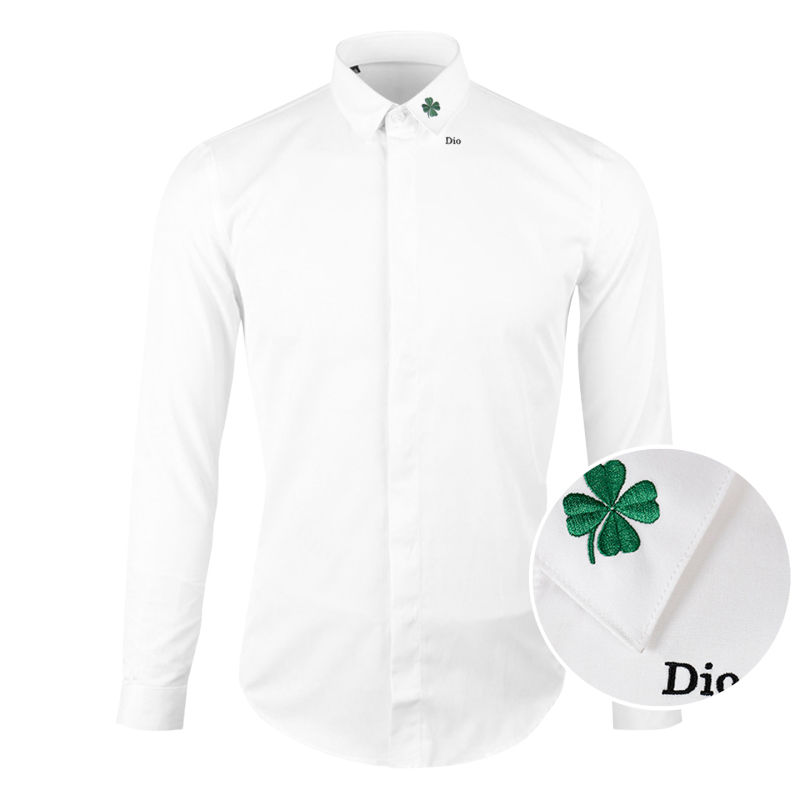 European and American Trendy Brand Spring and Autumn Four-Leaf Clover Embroidered Business Pure Cotton Slim-Fit Long-Sleeve Shirt for Men, High-End Light Luxury Shirt European and American Trendy Brand Spring and Autumn Four-Leaf Clover Embroidered Business Pure Cotton Slim-Fit Long-Sleeve Shirt for Men, High-End Light Luxury Shirt
