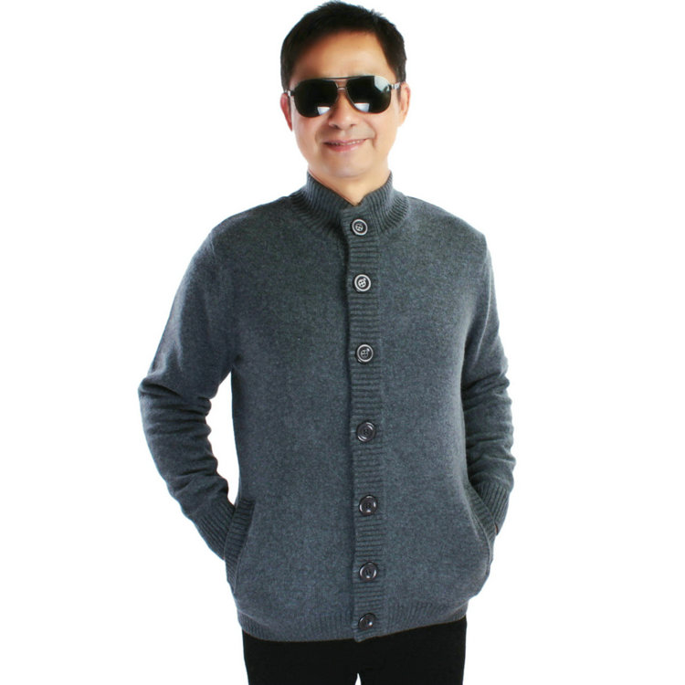 Mùa thu và mùa đông cổ áo của nam giới cashmere áo len màu rắn nửa cao cổ áo cardigan dày áo len nam trung niên ấm áo khoác