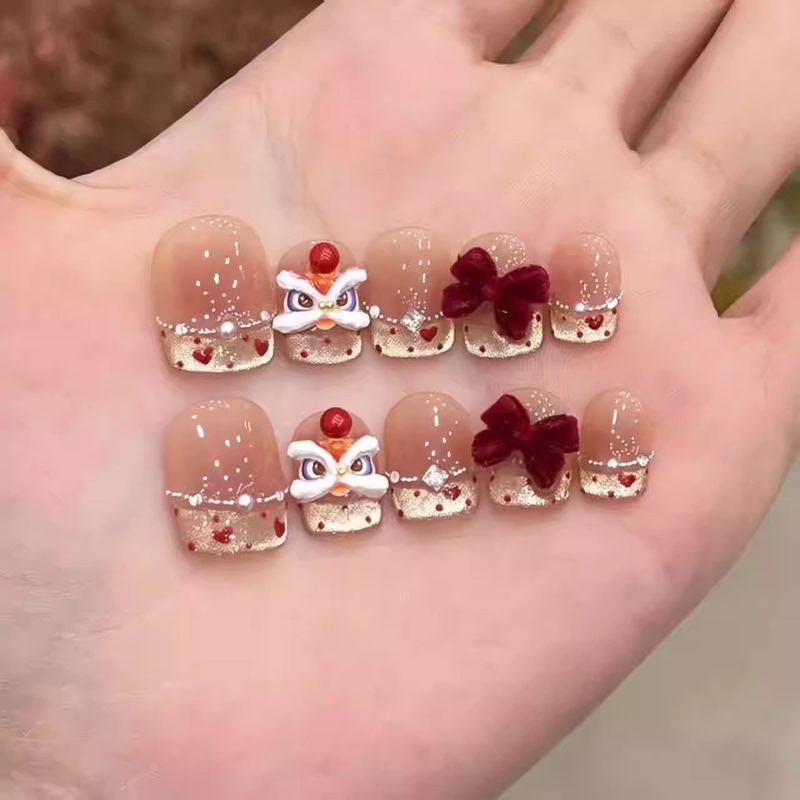 Lion Dance Short Style Handmade Exquisite Wearable Nail Art 2026 New High-End French Nude Color Nail Stickers