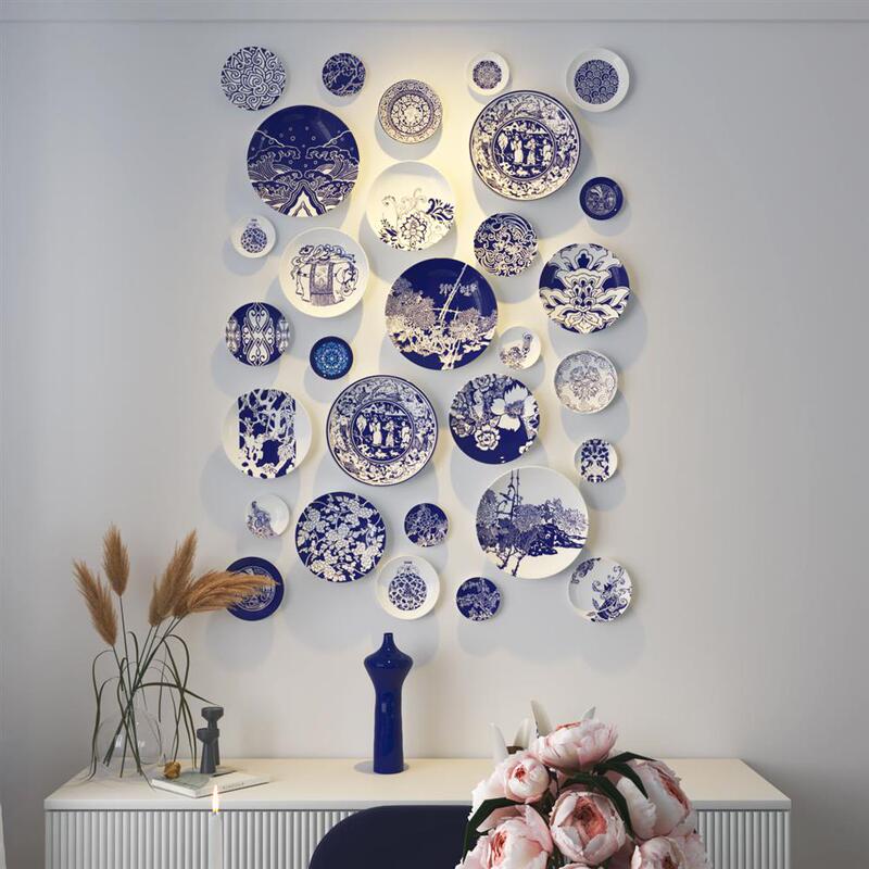 New Chinese-Style Handmade Blue and White Porcelain Combination Hanging Decorations for Living Room Background Wall Decoration Wall Hangings Buy and Get Free