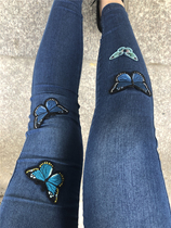 20 spring Italian guest butterfly embroidery elastic denim leggings thin and comfortable elastic waist jeans women