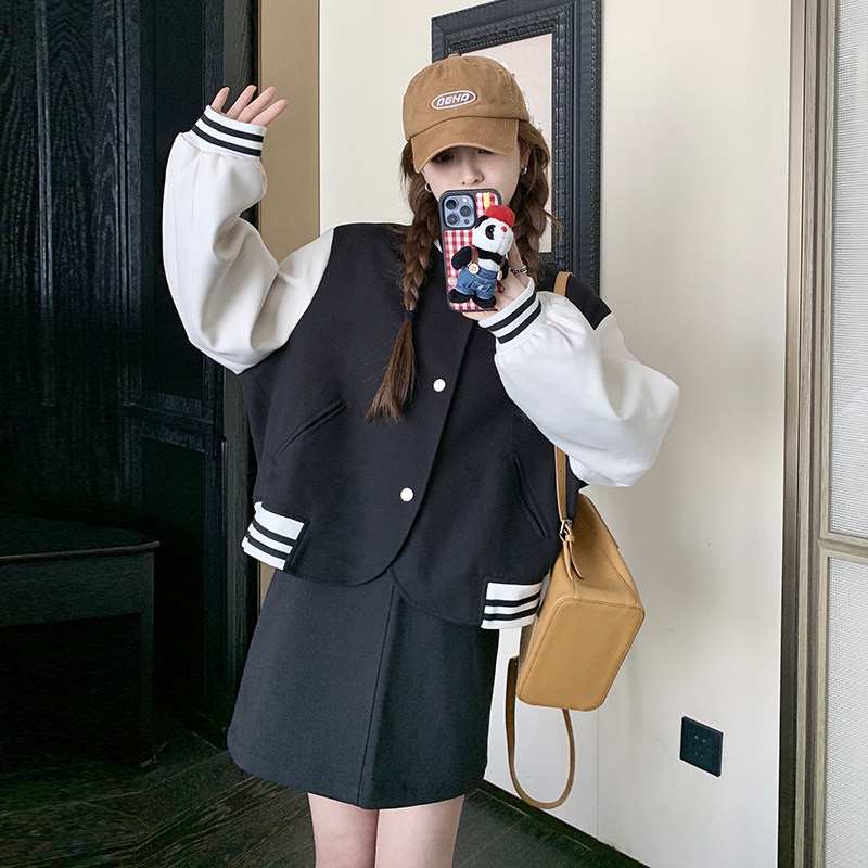 新品大货附买家秀拼色棒球服外套+半身裙裤套套196A-P165K22,女装套装/套裙,2C075