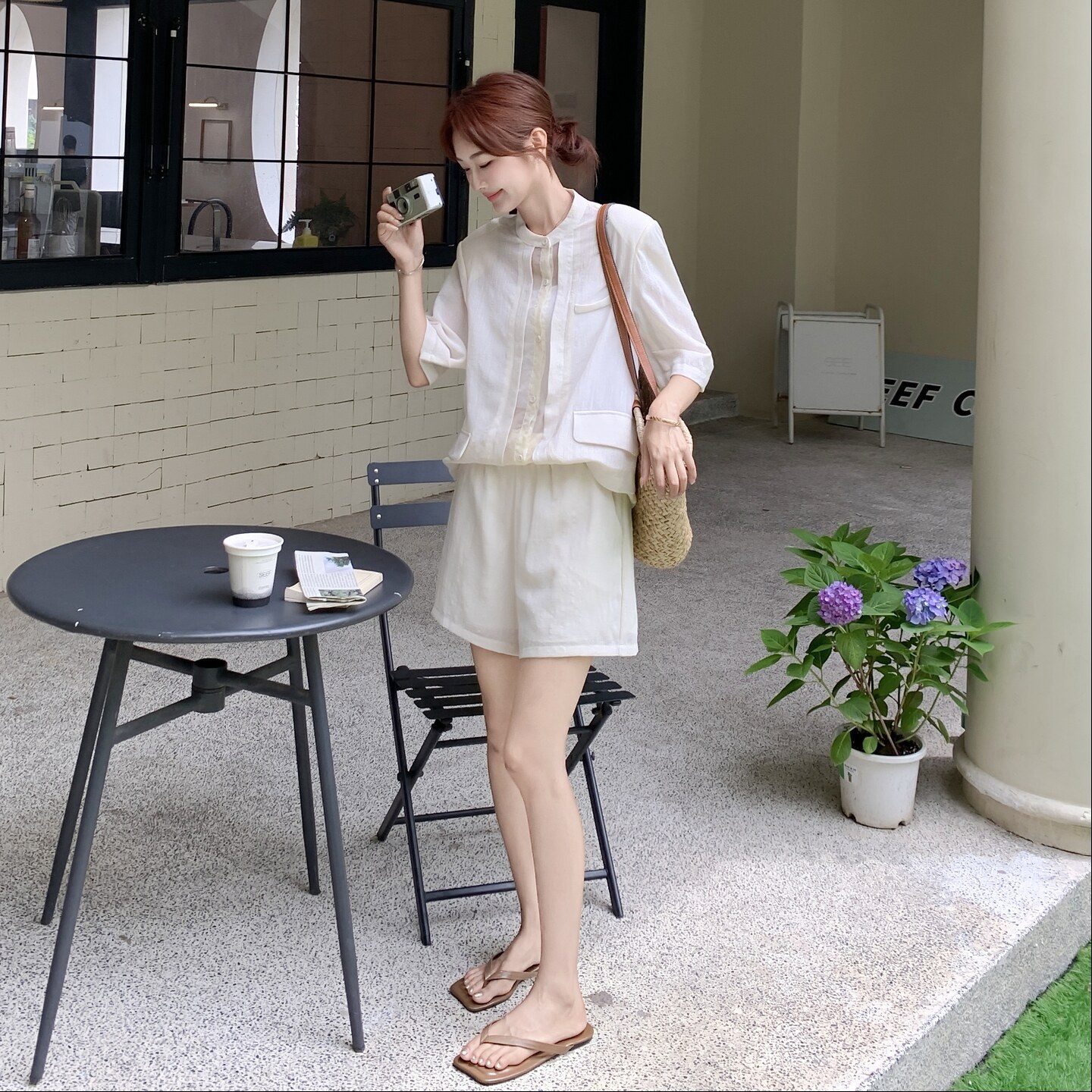 米白色时尚减龄轻薄衬衫套装女2025夏季新款小个子休闲短裤两件套,女装套装/套裙,2C166