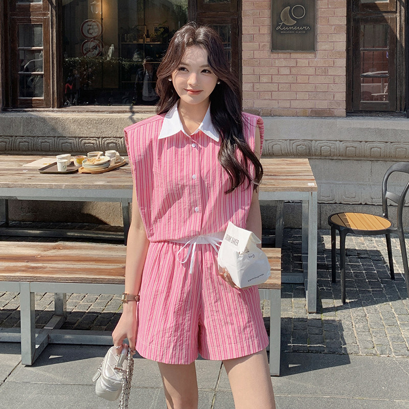 条纹休闲时尚套装女夏季2025新款无袖衬衫上衣高腰短裤减龄两件套,女装套装/套裙,2C112