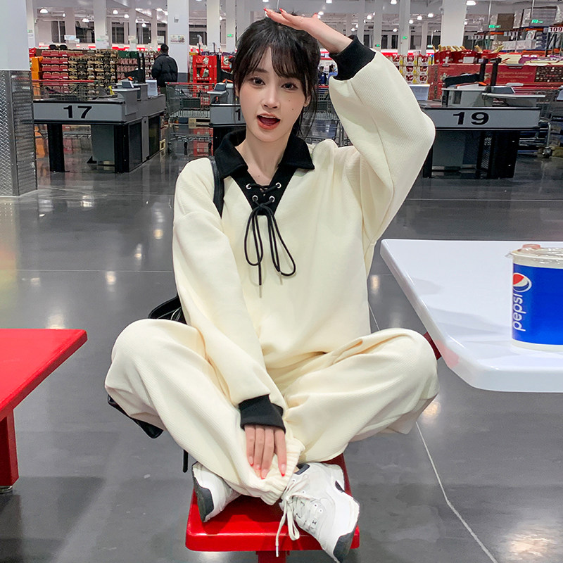 韩系时尚休闲Polo领卫衣套装女2025春秋季新款显瘦束脚卫衣两件套,女装套装/套裙,2C373