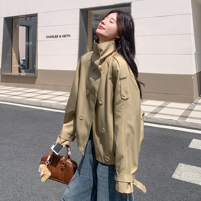 卡其色双排扣短款风衣外套女2025秋季韩版宽松独特漂亮小个子大衣,女装风衣,2D013