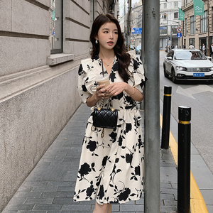 茶歇法式v领碎花连衣裙女夏2025新款高级感泡泡袖收腰中长款裙子图片