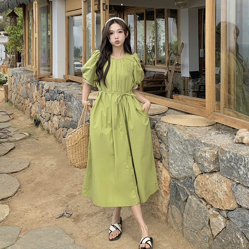 法式复古泡泡袖桔梗连衣裙女2025夏季新款韩版收腰显瘦茶歇长裙子,女装连衣裙,2C122