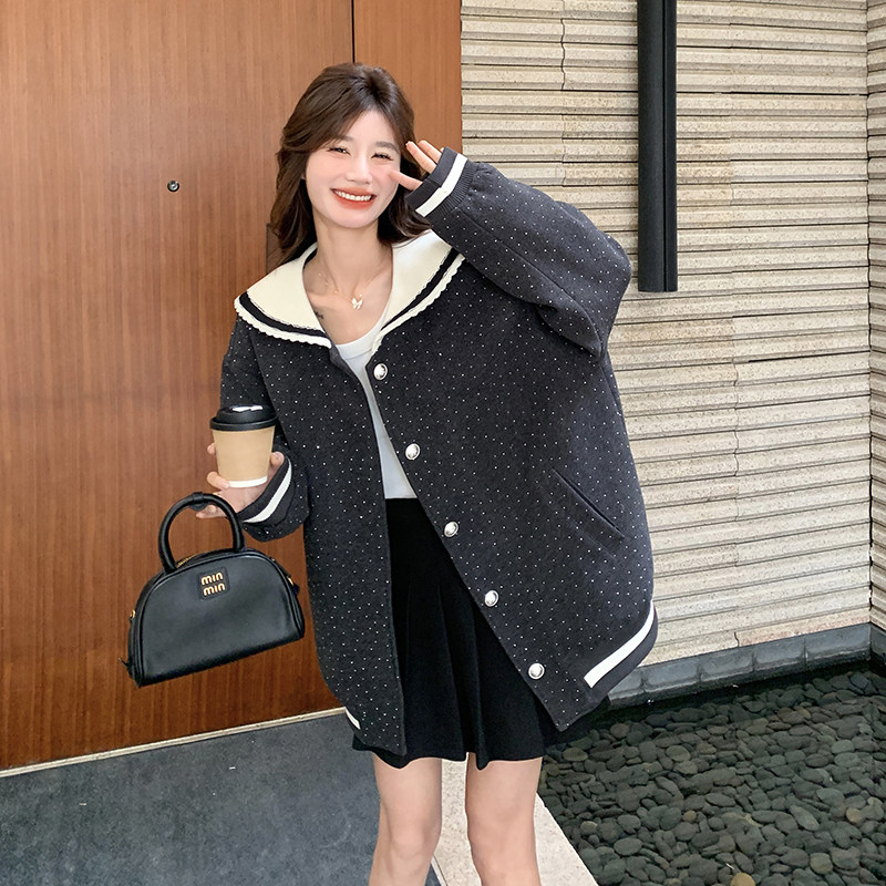 宽松甜美减龄娃娃领波点夹克女秋学院风休闲高级感小个子短外套,女装短外套,2C203