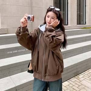 咖色假两件连帽休闲外套女春秋2025新款学院风气质流行爆款巨好看图片