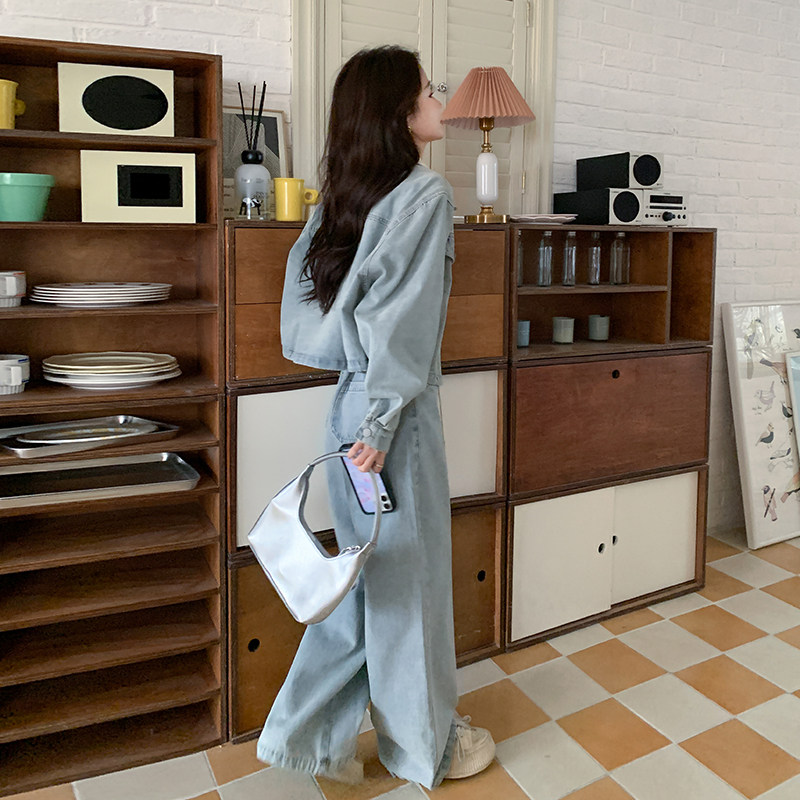 洋气牛仔时尚套装女2024春季新款水洗做旧外套阔腿牛仔裤两件套潮,女装套装/套裙,2C133