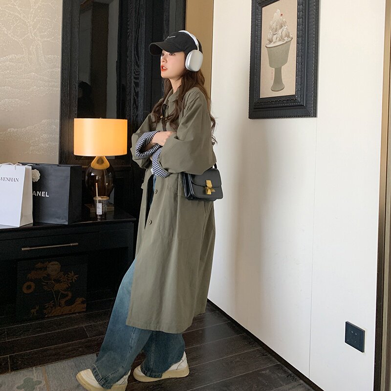 军绿色工装风衣外套女春秋2025新款中长款宽松韩版日系港味爆款,女装风衣,2C172