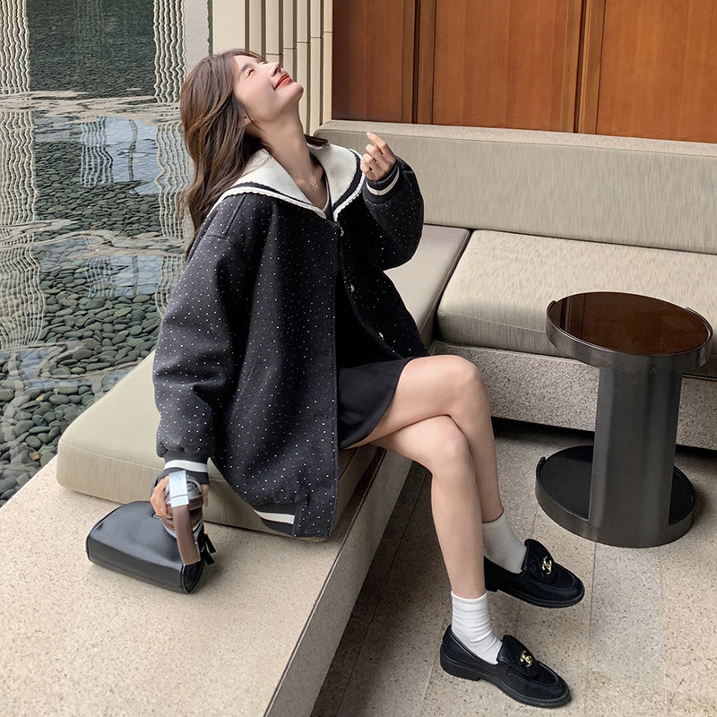 宽松甜美减龄娃娃领波点夹克女秋学院风休闲高级感小个子短外套,女装短外套,2C203