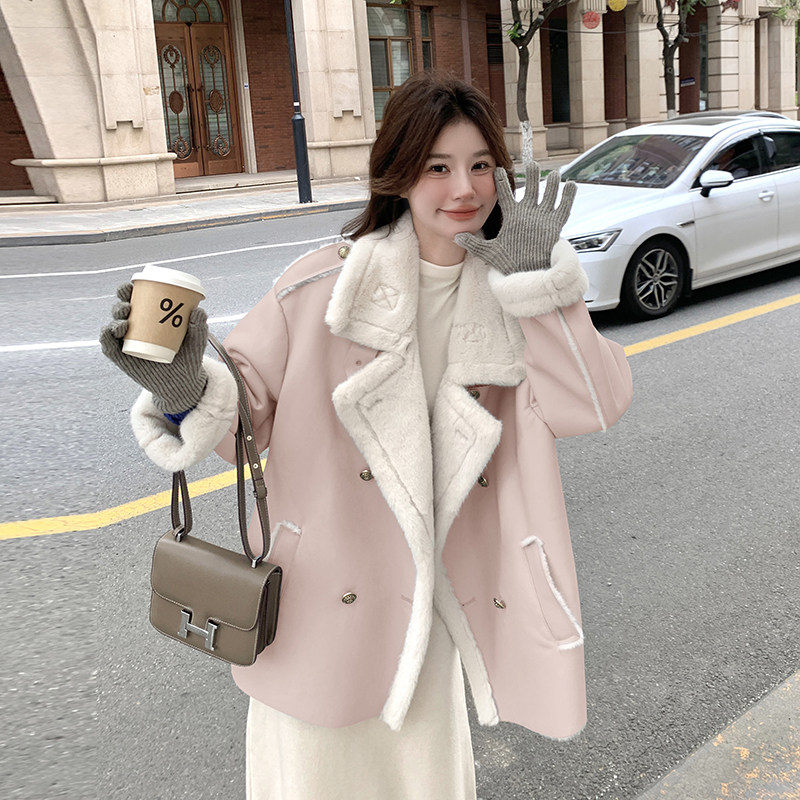新款蓝色皮毛一体加厚外套7682-P235-K328,女装皮草,2C159