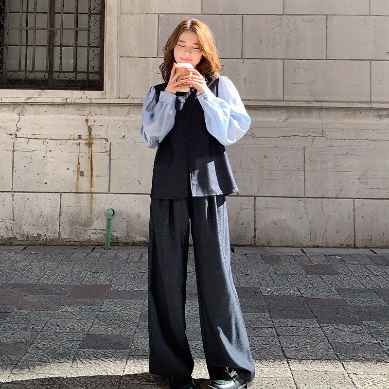 潮流时髦范休闲套装女2025年秋季新款假两件拼接上衣阔腿裤两件套,女装套装/套裙,2D036