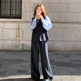 潮流时髦范休闲套装女2025年秋季新款假两件拼接上衣阔腿裤两件套，女装套装/套裙，2D036