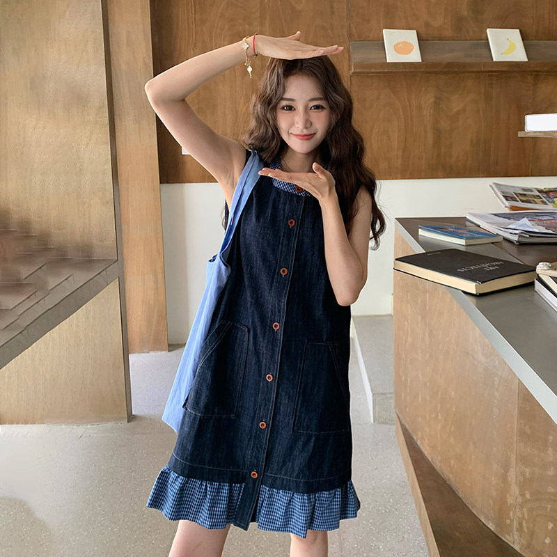 现货主推有买家秀牛仔拼接格子连衣裙2C139-8339-P125-K178,女装连衣裙,2C139